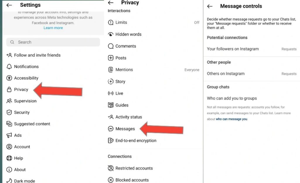 Step-by-step tutorial on using Instagram Business Chat, showing a user navigating the messaging feature with highlighted sections for sending messages, sharing media, and accessing automated responses.