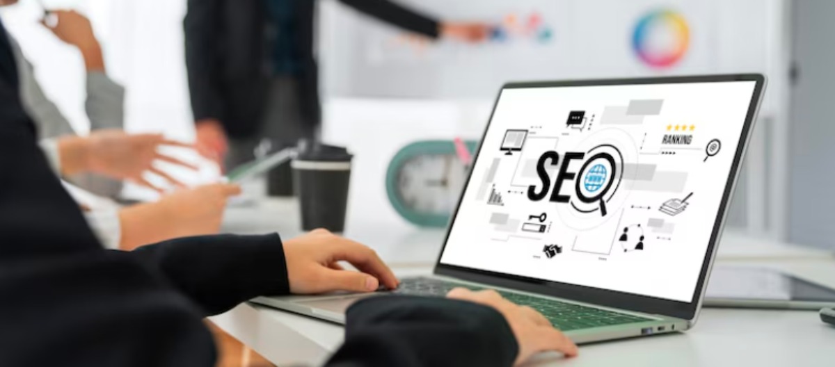 Technical SEO audit in progress on laptop with website performance metrics and tools dashboard