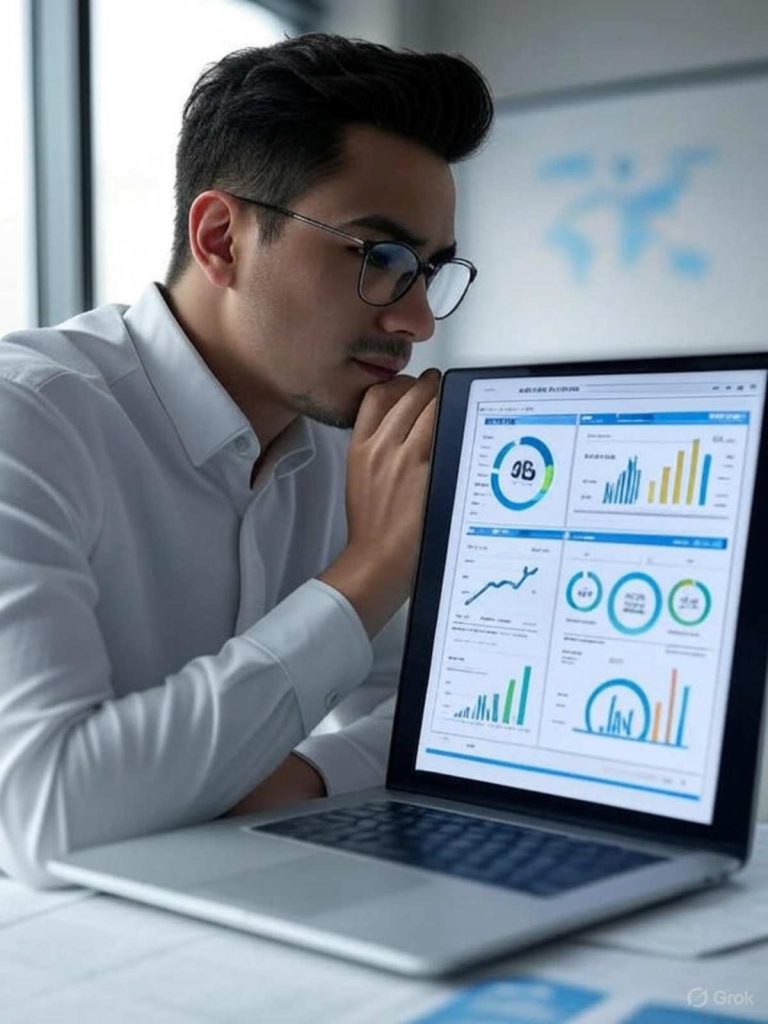 SEO expert analysing website metrics and keyword rankings for a professional services business