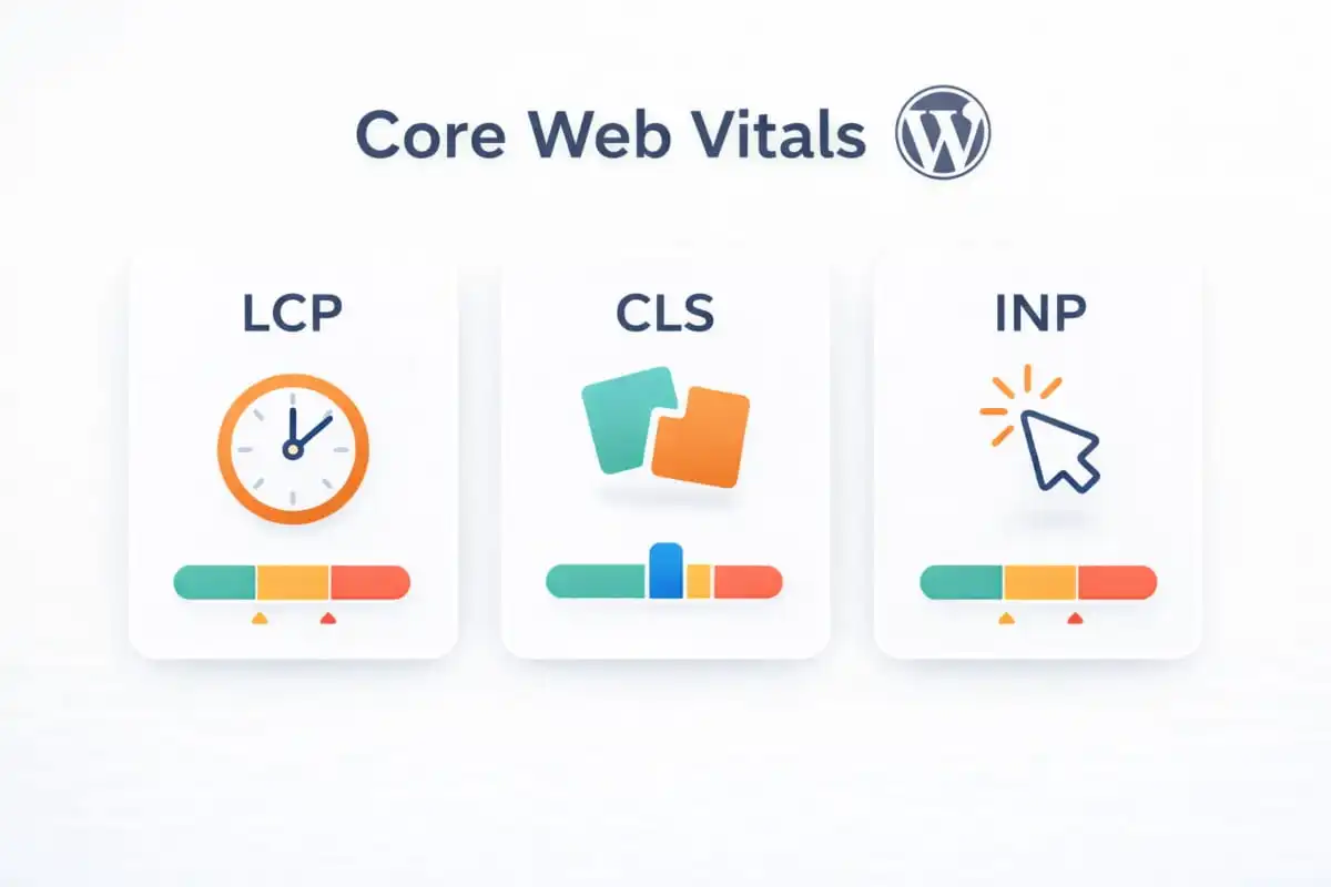 Core Web Vitals graphic showing LCP CLS and INP performance metrics for WordPress SEO