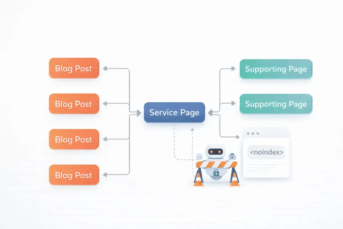 Internal linking structure diagram connecting blog posts to a main service page on a WordPress site