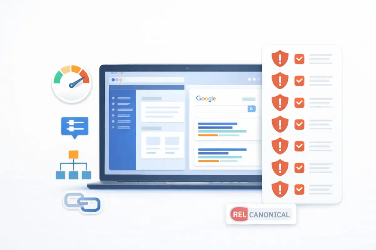 WordPress SEO mistakes checklist graphic with WordPress dashboard and search ranking icons