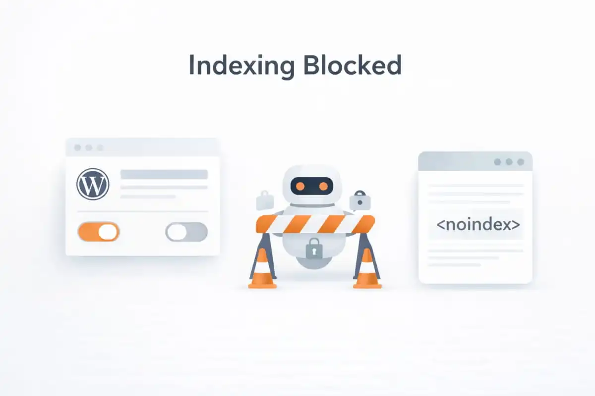 WordPress search indexing blocked with noindex tag and crawler stopped icon